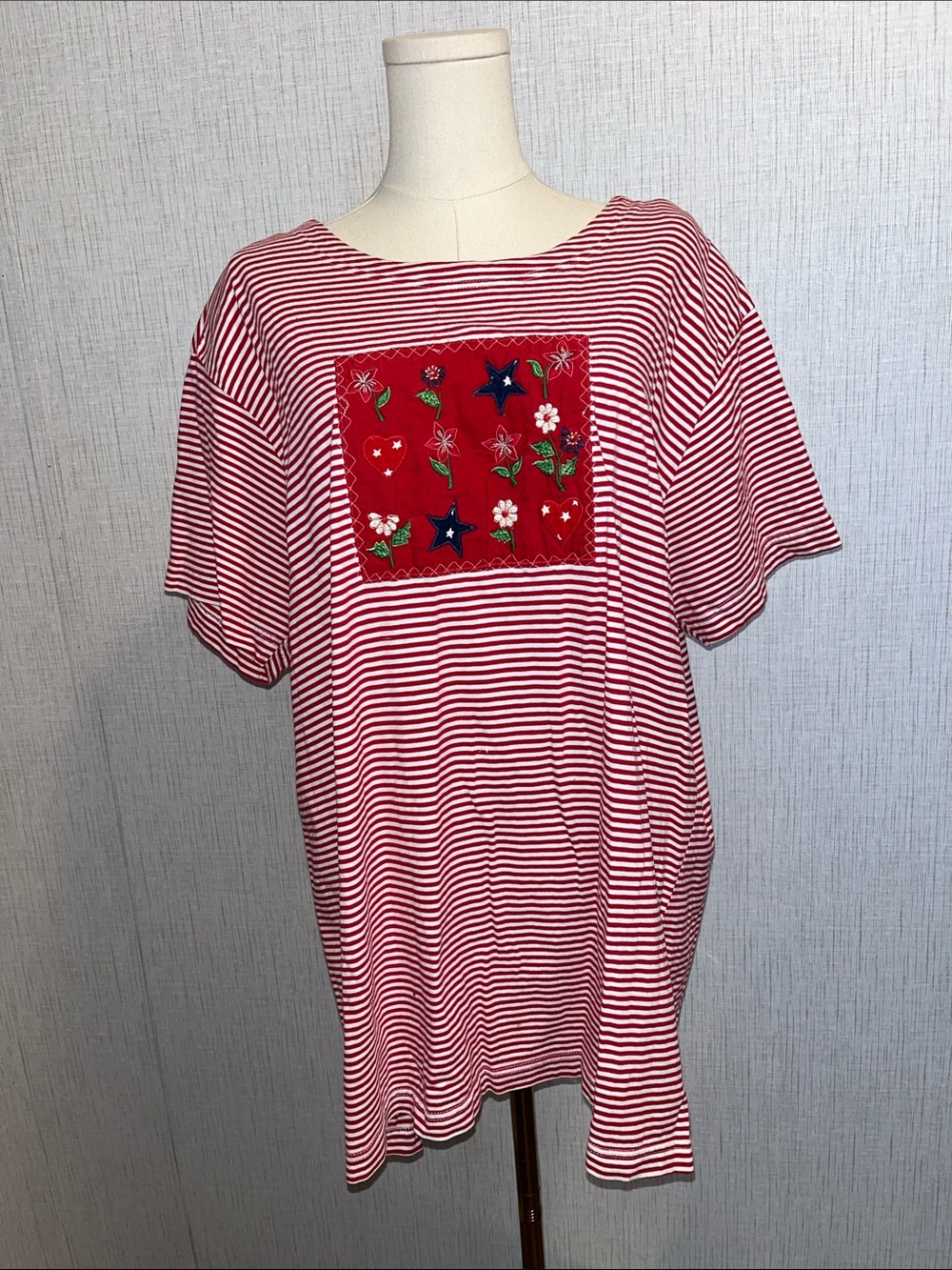 Girls' Red & White Striped Short Sleeve Tee with Embroidered Patch